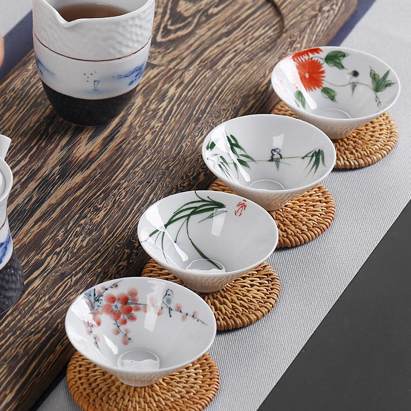 Buddha Stones Vintage Plum Orchid Bamboo Chrysanthemum Lotus Koi Fish Ceramic Teacup Kung Fu Tea Cups