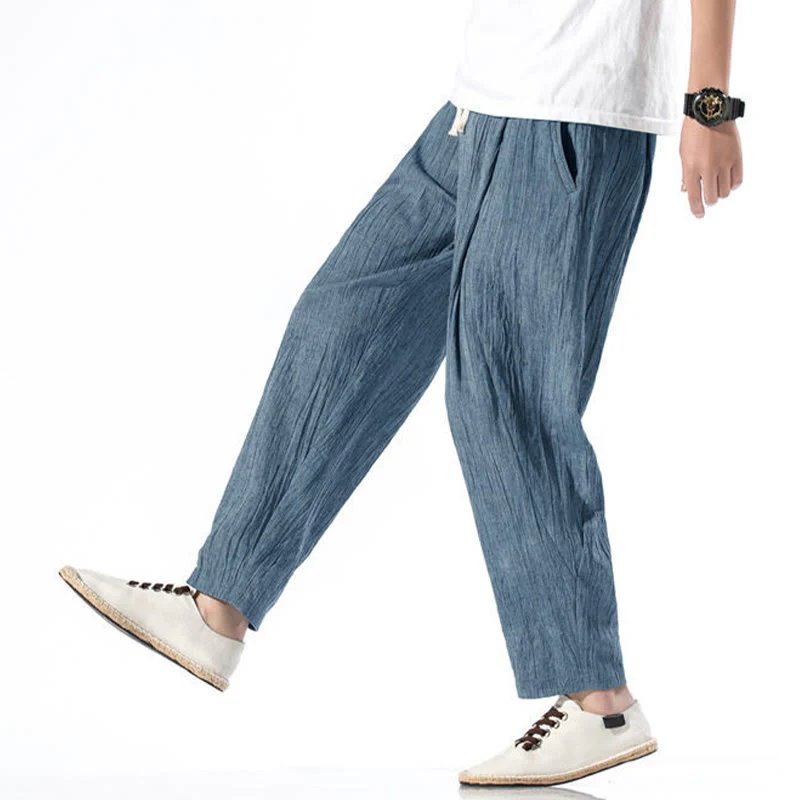 Buddha Stones Casual Plain Pleated Design Drawstring Men's Long Cotton Linen Harem Pants With Pockets