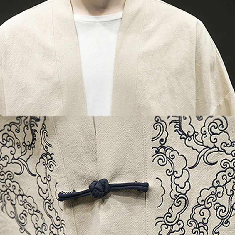 Buddha Stones Chinese Frog-Button Design Open Front Jacket Men's Cotton Linen Kimono