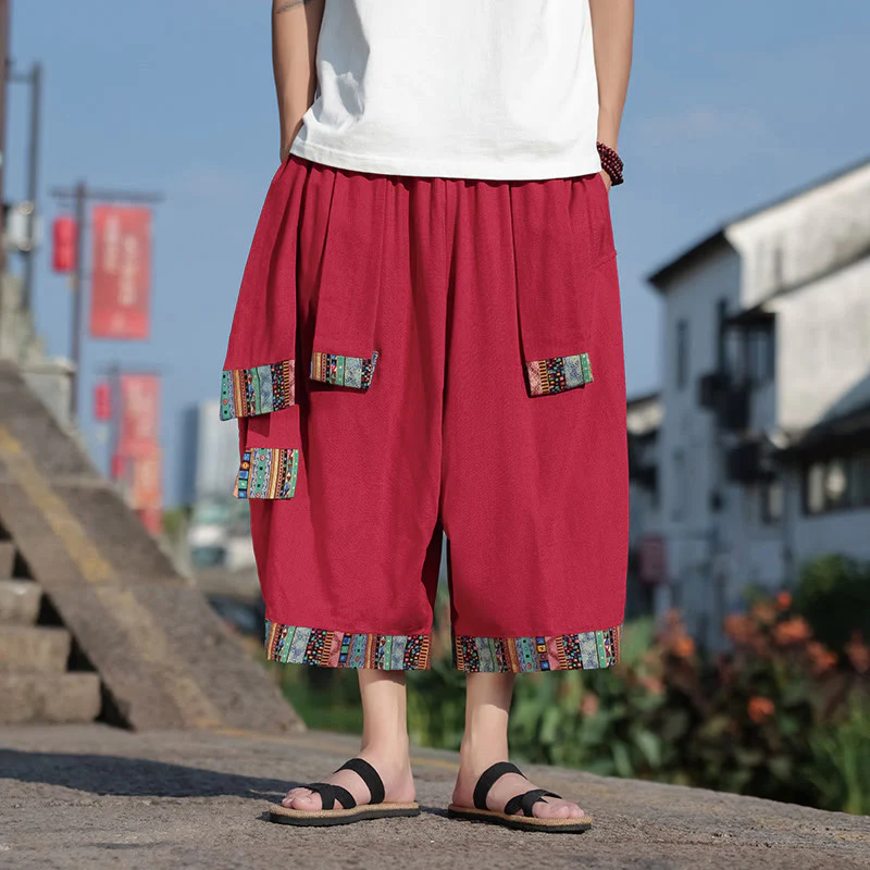 Buddha Stones Summer Ethnic 7-8 Length Cropped Cotton Men's Wide Leg Pants With Pockets