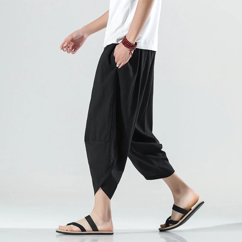 Buddha Stones Plain Simple Design Drawstring 7-8 Length Linen Men's Harem Pants With Pockets
