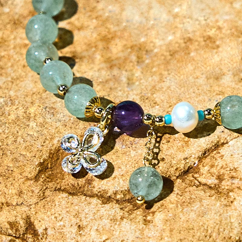 Buddha Stones Natural Strawberry Quartz Green Strawberry Quartz Butterfly Charm Love Bracelet