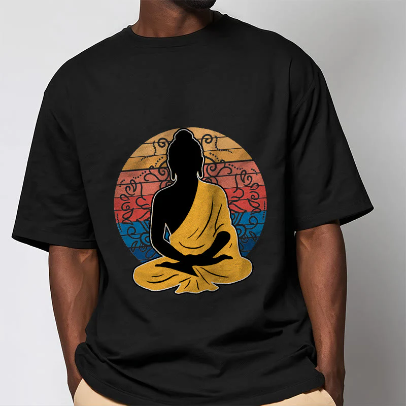 Buddha Stones Casual Colorful Meditating Buddha Pattern Cotton Tee T-shirt