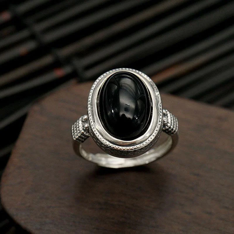 Buddha Stones Natural Black Onyx Adjustable Protection Ring