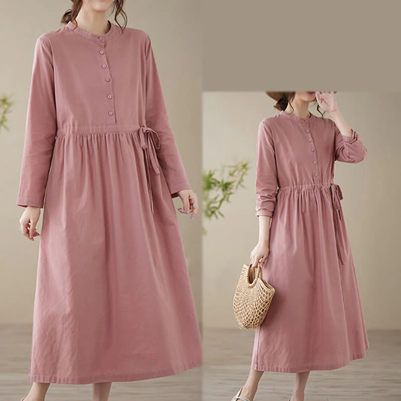 Buddha Stones Casual Plain Crew Neck Lace-up Cotton Linen Midi Dress With Pockets