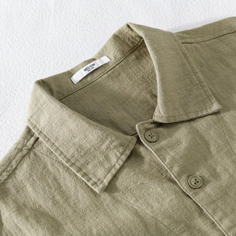 Buddha Stones Commute Men's Plain Buttons Design Cotton Linen Long Sleeve Shirt With Pockets