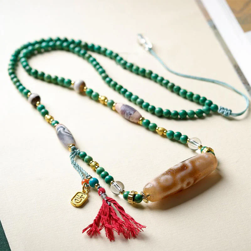 Buddha Stones Tibet Dzi Bead Turquoise Bead Chain Protection Necklace Pendant