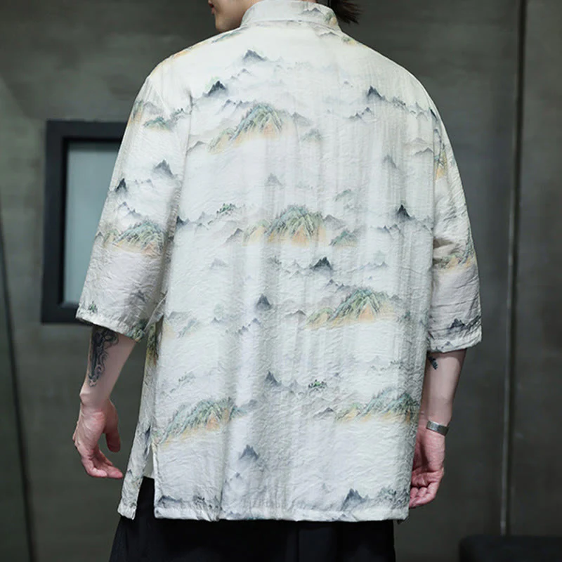 Buddha Stones Ink Painting Mountains Chinese Frog-Button Tang Suit Men's Half Sleeve Cotton Linen Shirt
