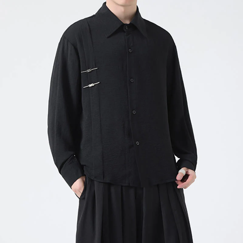 Buddha Stones Plain Buttons Stand Collar Long Sleeve Men's Cotton Shirt