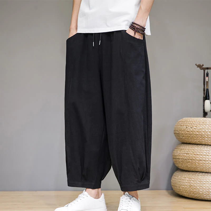 Buddha Stones Simple Cotton Men's Cropped Capri Harem Pants With Pockets