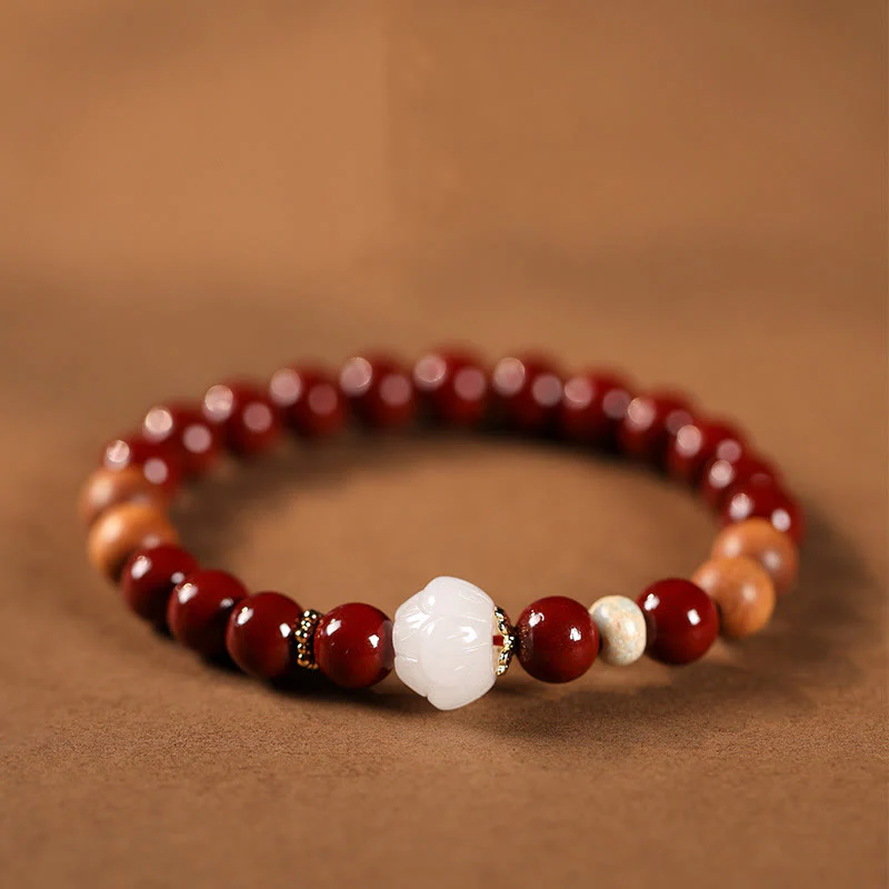 Buddha Stones Cinnabar Wood Beads Lotus Fu Character Blessing Bracelet