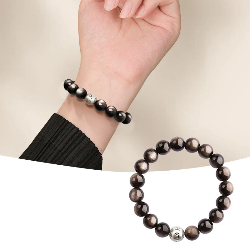 Buddha Stones Natural Silver Sheen Obsidian Om Mani Padme Hum Protection Bracelet