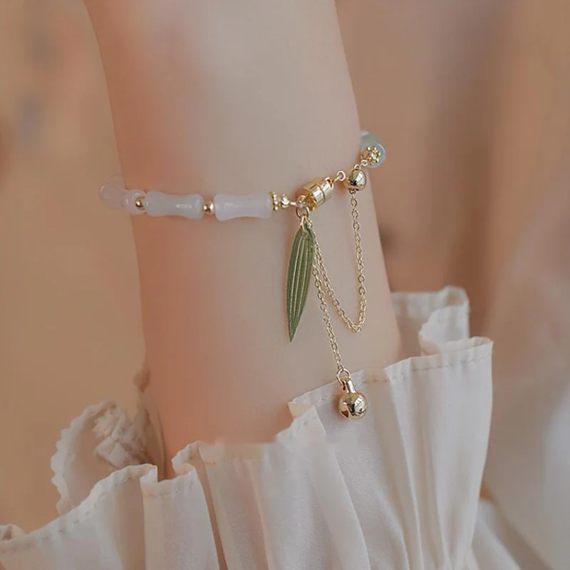 Buddha Stones 14K Gold Plated Hetian White Jade Bamboo Leaf Luck Protection Bracelet