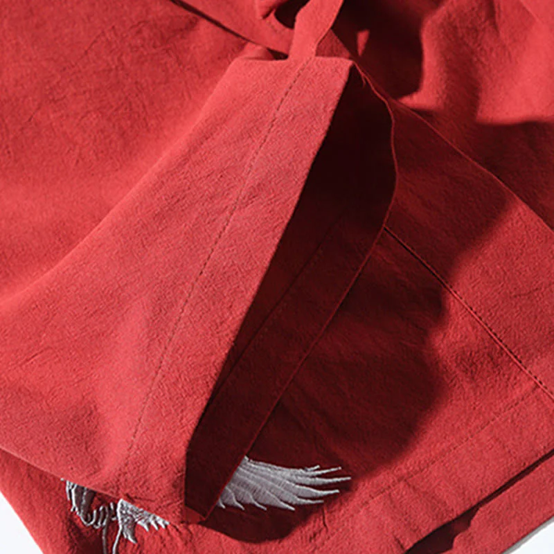 Buddha Stones Embroidery Flying White Cranes Cotton Linen Open Front Jacket Men's Kimono