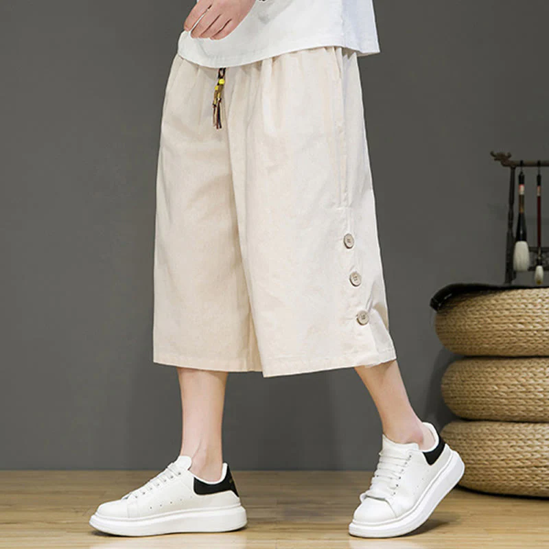 Buddha Stones Casual Plain Side Button Design Drawstring Men's Cotton Cropped Pants With Pockets
