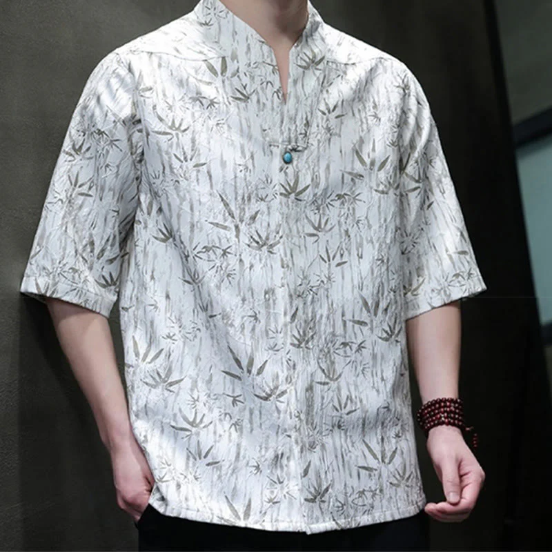 Buddha Stones Summer Golden Bamboo Jacquard Men's Half Sleeve Linen Shirt