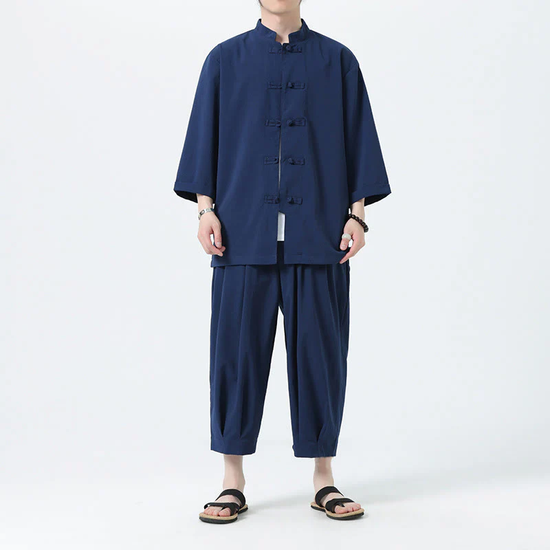 Buddha Stones 2Pcs Solid Frog-Button Three Quarter Sleeve Shirt Pants Men's Set