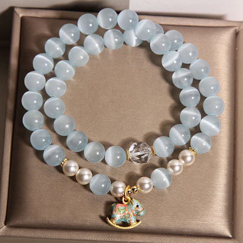 Buddha Stones Blue Cat Eye Trojan Horse Charm Support Double Wrap Bracelet