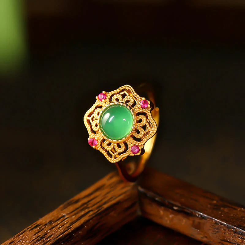 Buddha Stones Green Chalcedony Hollow Pattern Strength Adjustable Ring