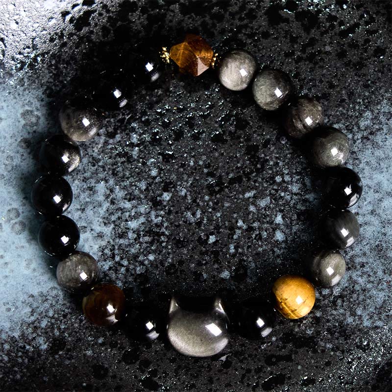Buddha Stones Natural Silver Sheen Obsidian Beads Cute Cat Soothing Bracelet