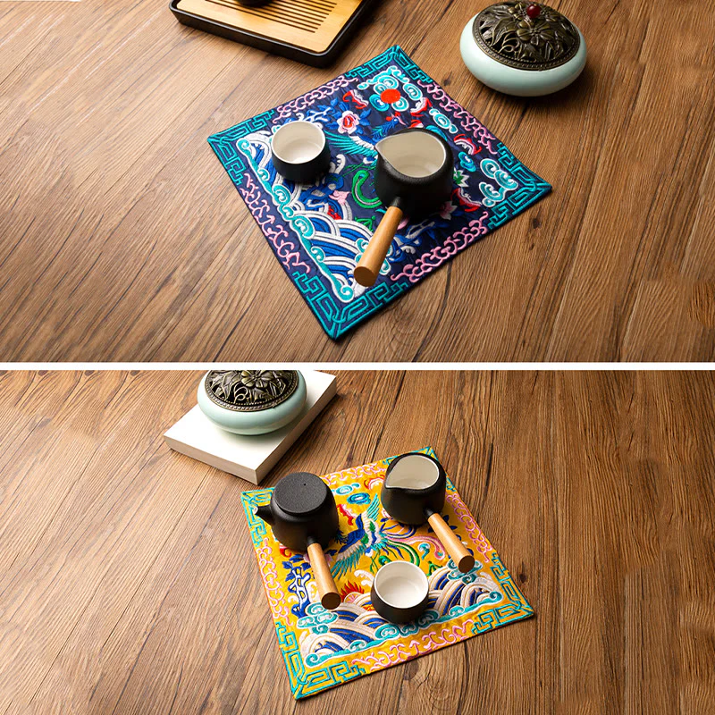 Buddha Stones Phoenix Dragon Kirin Embroidery Cup Mat Pad Tea Cup Coaster Kung Fu Tea Mat