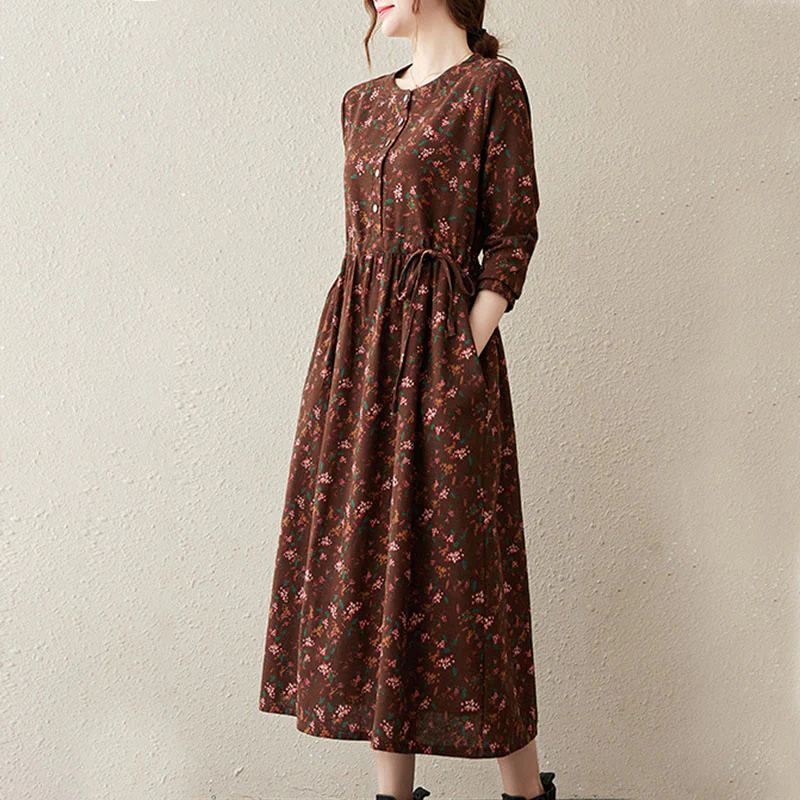Buddha Stones Casual Ethnic Printing Floral Buttons Design Cotton Linen Midi Dress With Pockets
