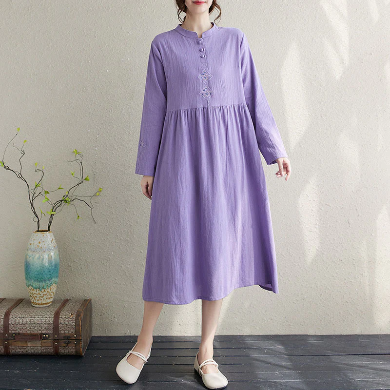 Buddha Stones Fall Ethnic Embroidery Cotton Linen Midi Dress With Pockets