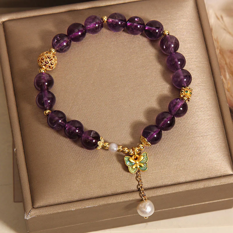 Buddha Stones Natural Amethyst Amber Green Butterfly Healing Bracelet