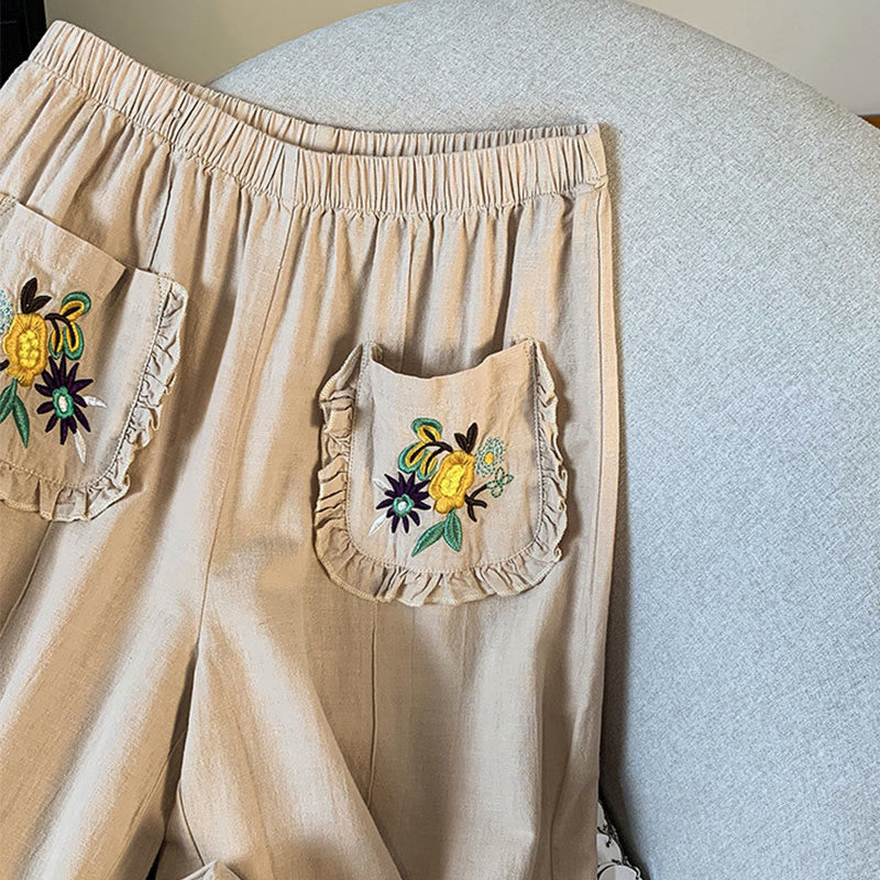 Buddha Stones Casual Beige Embroidery Women's Wide Leg Cotton Linen Pants With Pockets