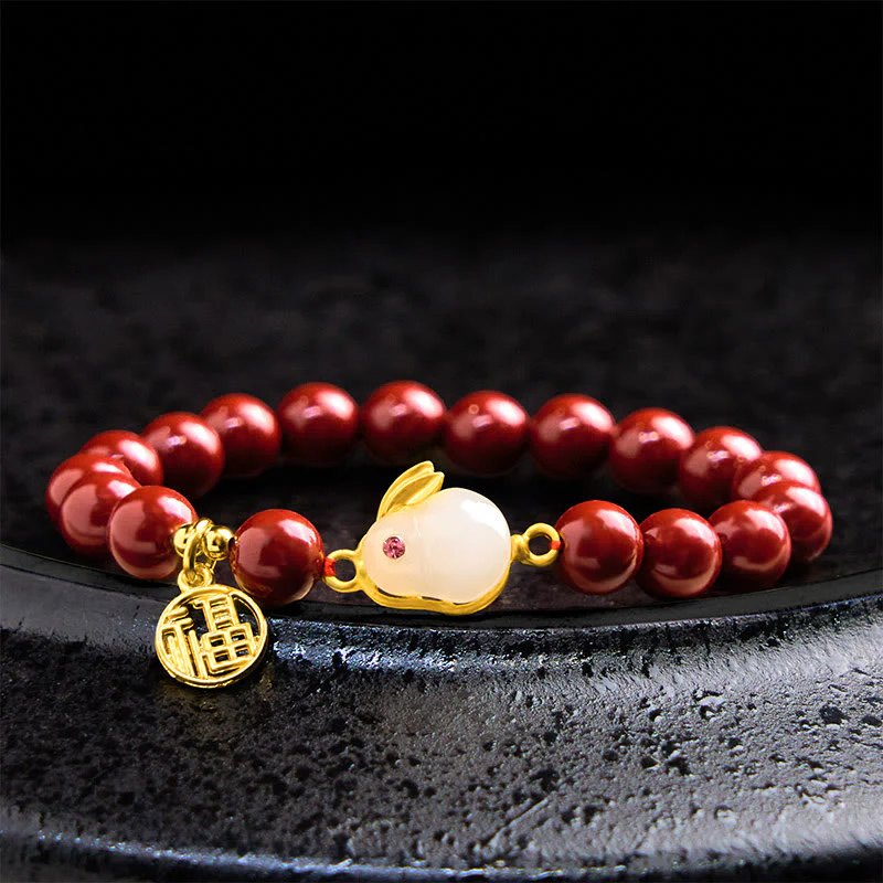 Buddha Stones Cinnabar Rabbit Bunny Fu Character Blessing Bracelet