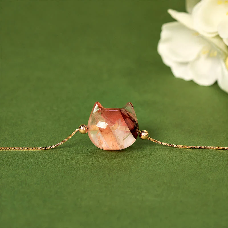 Buddha Stones 925 Sterling Silver Cat Head Natural Red Flower Quartz Protection Necklace Pendant