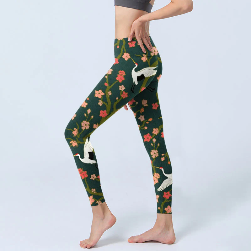 Buddha Stones White Red-crowned Cranes Red Orange Flower Trees Print Gym Leggings Women's Yoga Pants