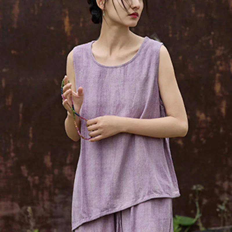 Buddha Stones Summer Tie-dye Linen Crew Neck Sleeveless Women's Vest