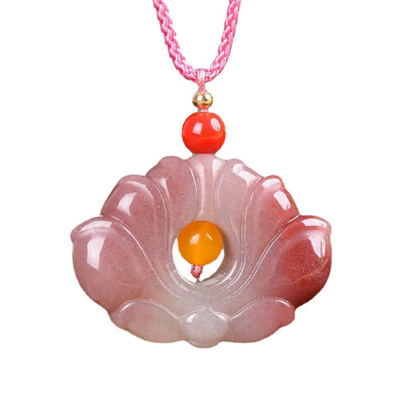 Buddha StonesPink Golden Silk Jade Lotus Flower Wealth Necklace Pendant