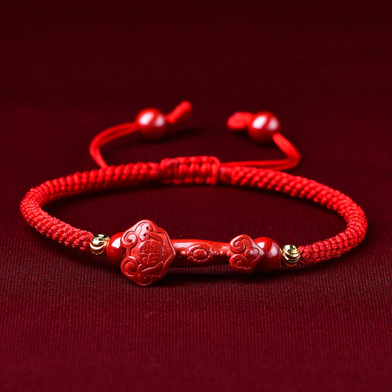 Buddha Stones Handcrafted Pixiu Cinnabar Ruyi Stick Wealth Luck Braided Bracelet