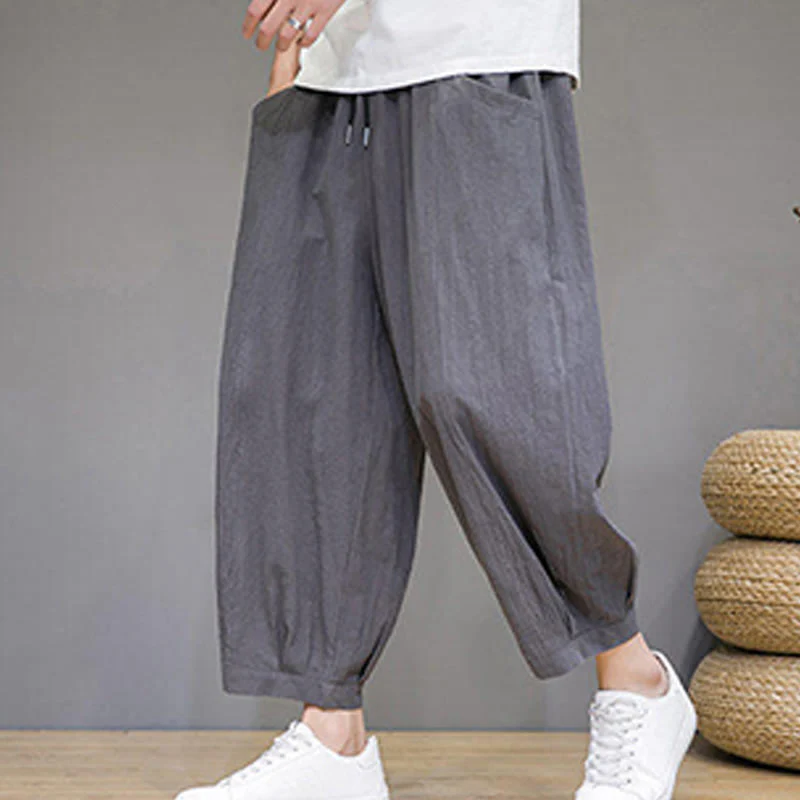 Buddha Stones Simple Cotton Men's Cropped Capri Harem Pants With Pockets