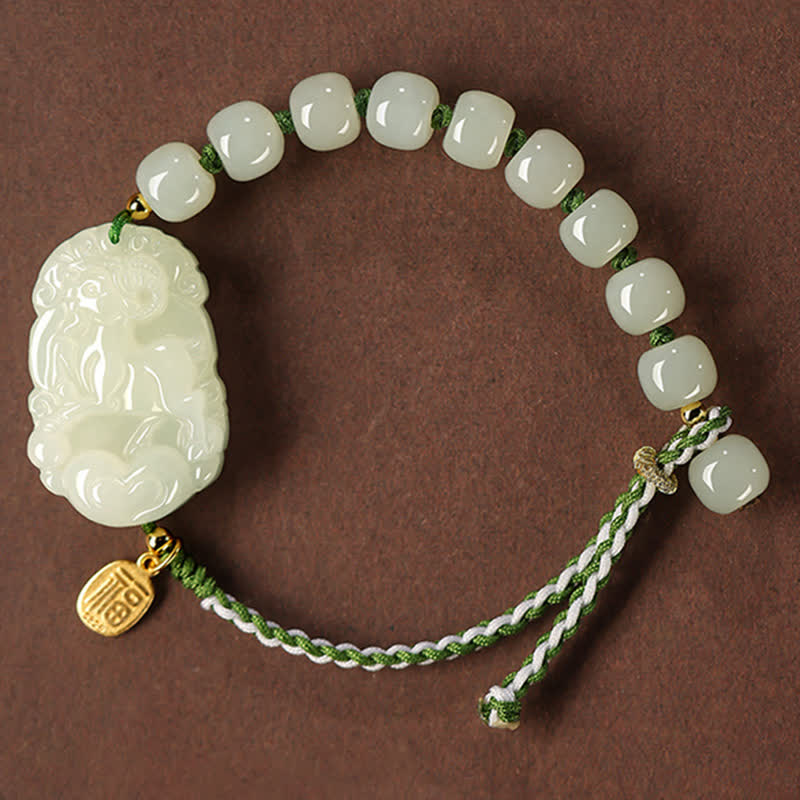 Buddha Stones 925 Sterling Silver Chinese Zodiac Hetian Jade Happiness Luck String Bracelet