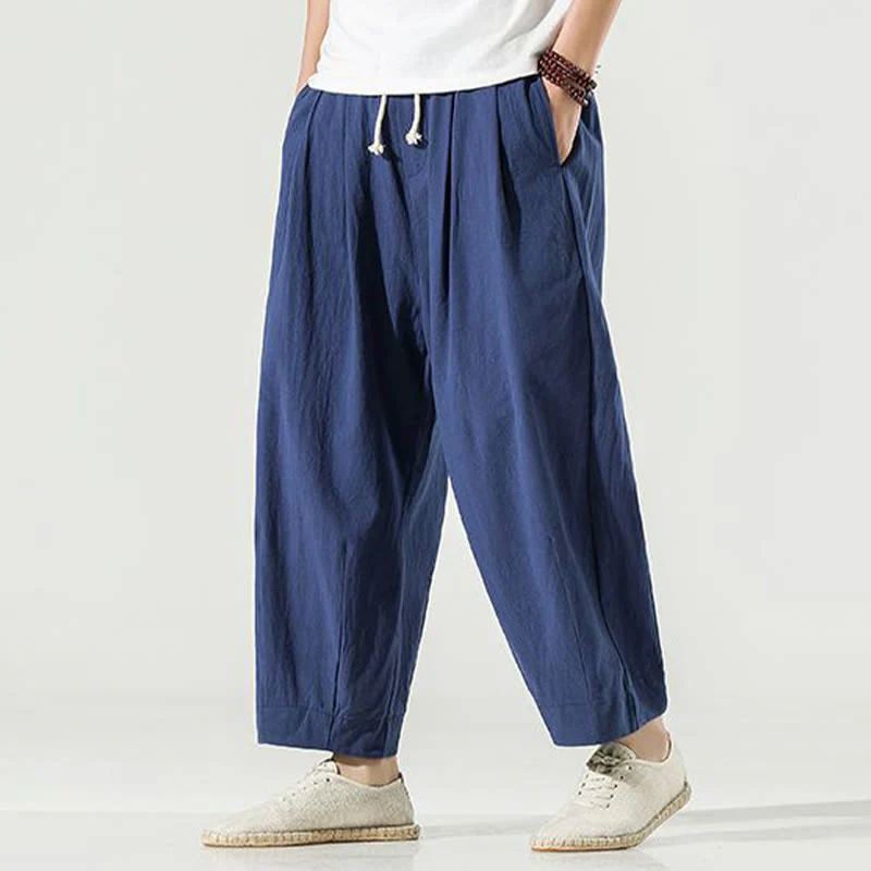 Buddha Stones Plain Color Cotton Linen Men's Ankle-Length Harem Pants With Pockets