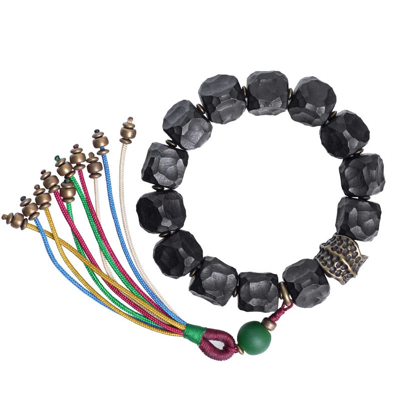 Buddha Stones Tibet Ebony Wood Copper Peace Tassel Wrist Mala Bracelet