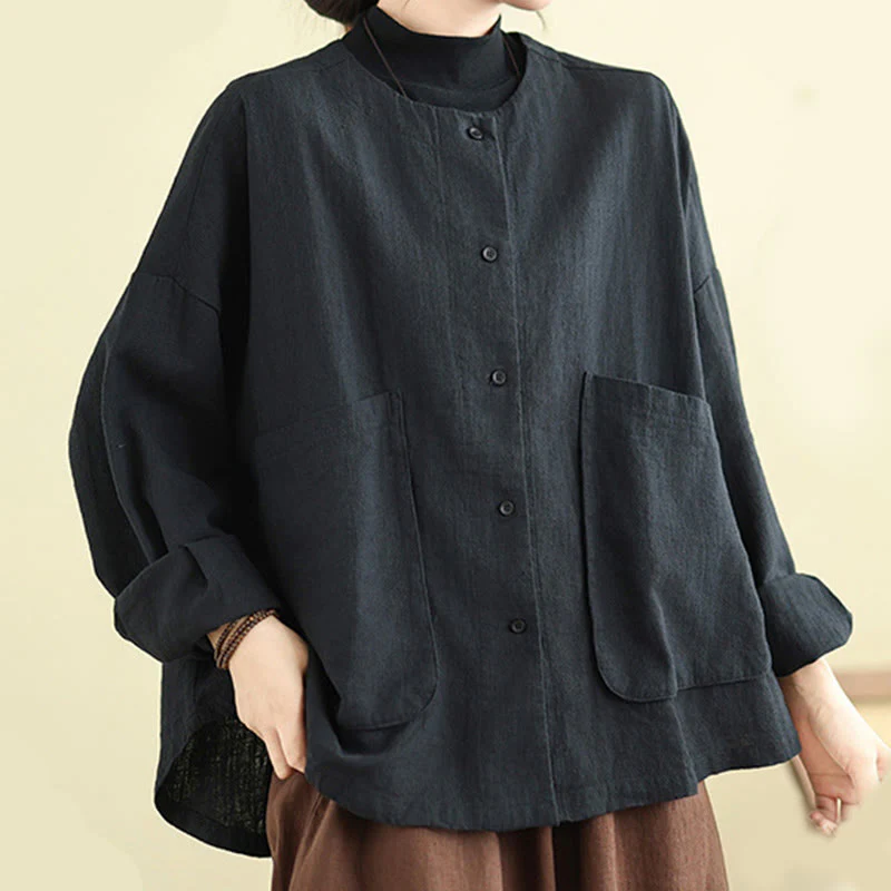 Buddha Stones Plain Design Long Sleeve Women's Cotton Linen Jacket With Pockets
