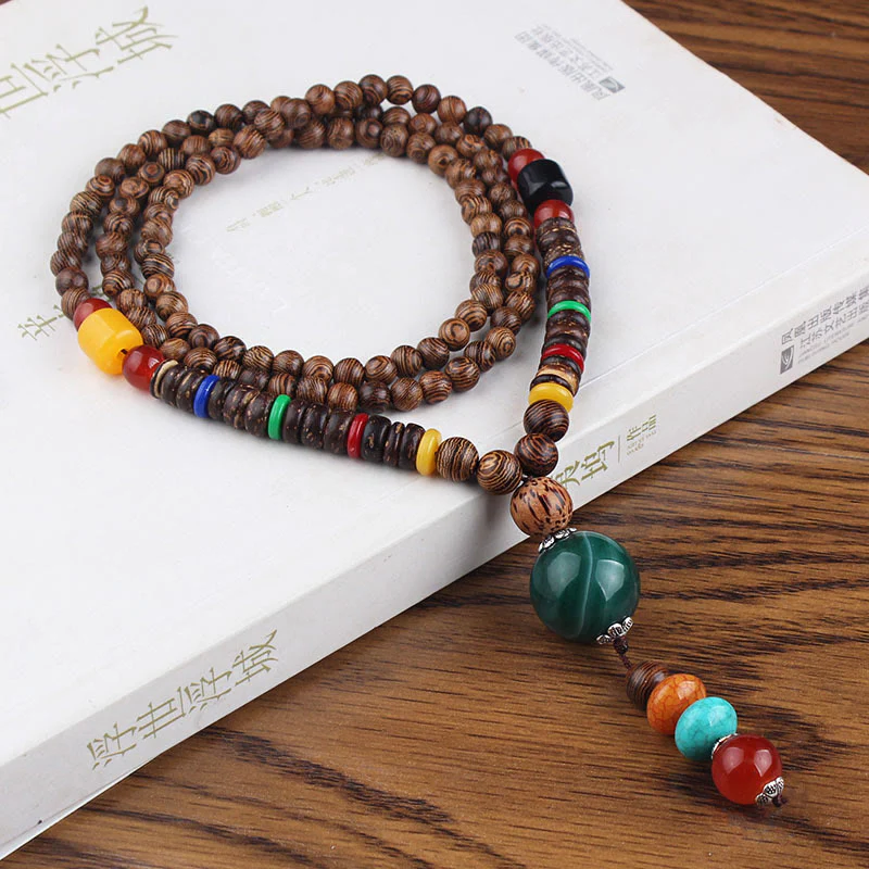 Buddha Stones Tibetan Wenge Wood Bodhi Seed Agate Balance Peace Necklace Pendant