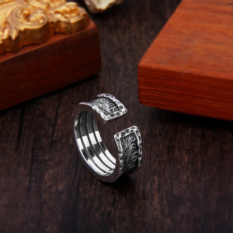 Buddha Stones 925 Sterling Silver Retro Tang Dynasty Flower Design Luck Adjustable Ring