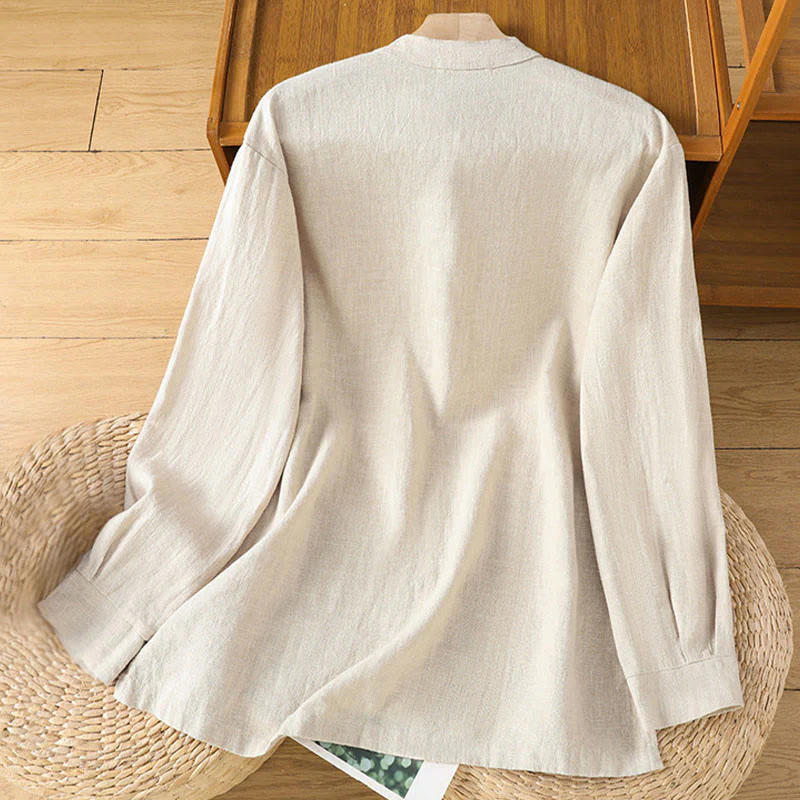 Buddha Stones Spring Solid Color Simple Hem Slit Design Cotton Linen Women's Shirt