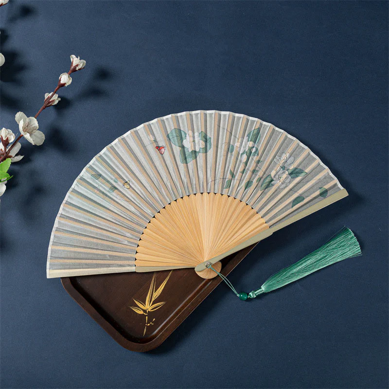 Buddha Stones Lotus Begonia Flower Jasmine Handheld Bamboo Folding Fan 21cm