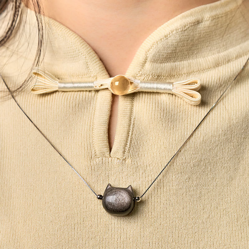 Buddha Stones 925 Sterling Silver Natural Silver Sheen Obsidian Gold Sheen Obsidian Cat Necklace
