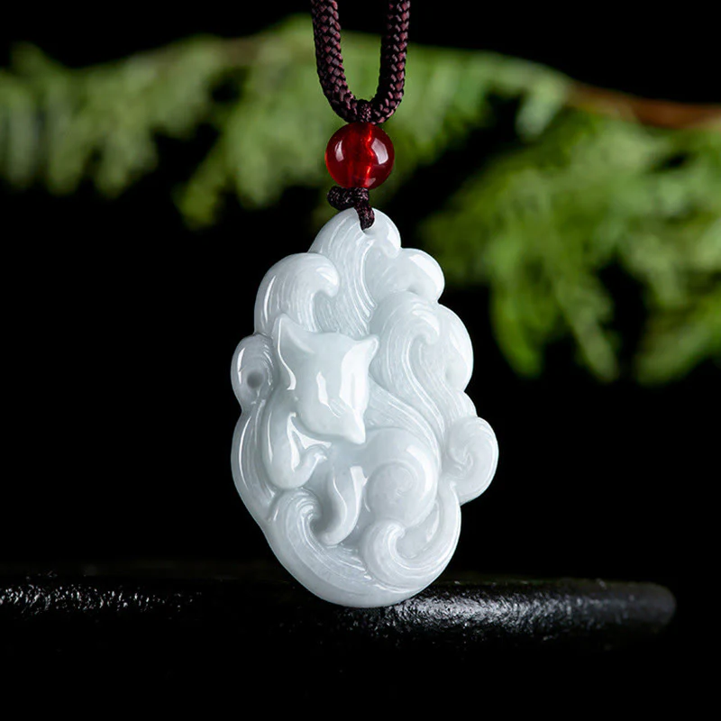 Buddha Stones Natural Jade Nine Tailed Fox Luck Necklace Pendant