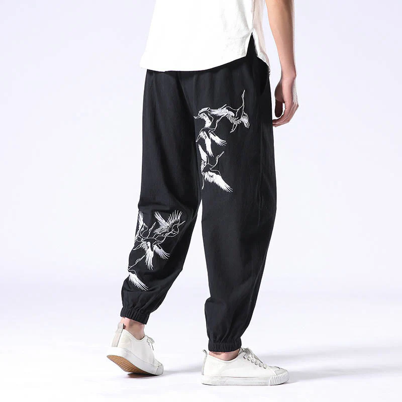 Buddha Stones White Crane Embroidery Design Drawstring Men's Harem Pants With Pockets