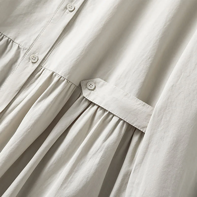 Buddha Stones Casual Plaid Pleats Buttons Design Long Sleeve Cotton Midi Dress With Pockets