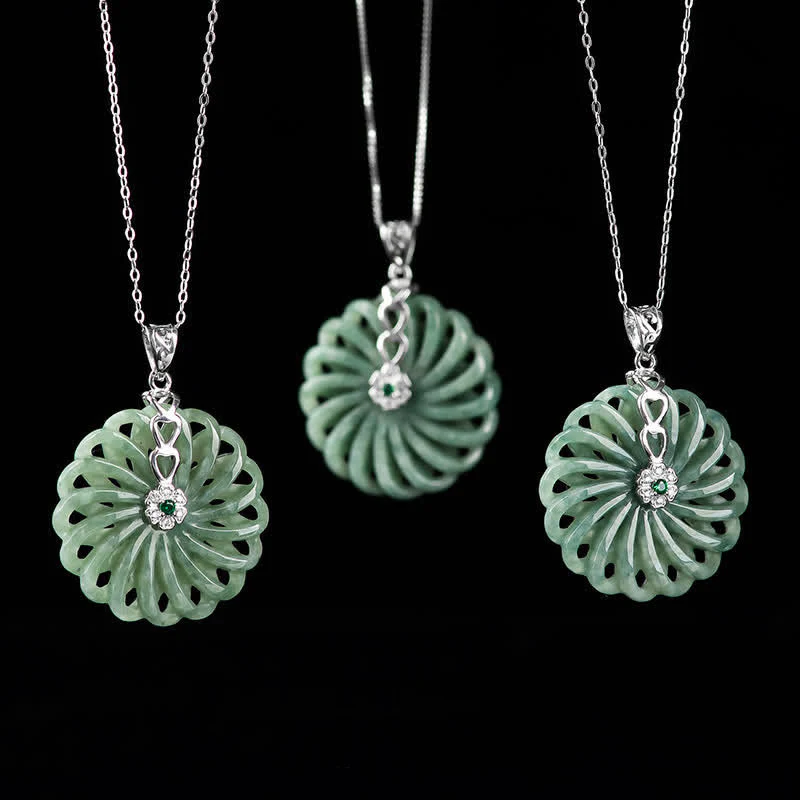 Buddha Stones 925 Sterling Silver Natural Round Jade Peace Buckle Abundance Necklace Pendant
