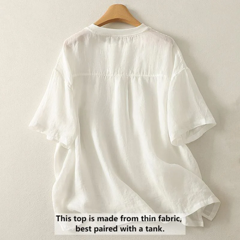 Buddha Stones Casual Embroidery Red Heart Short Sleeve Women's Cotton Linen T-Shirt